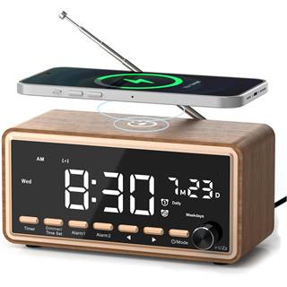 WamGra Radio Réveil Bois avec Chargeur Sans Fil et Enceinte Bluetooth FM LED