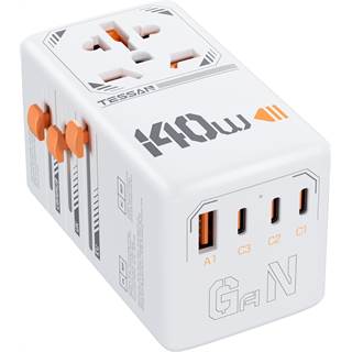 TESSAN GaN Adaptateur Prise Universelle - Chargeur Voyage 140W avec 3 USB-C et USB-A