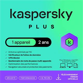 Kaspersky Plus Internet Security 2026 | 1 appareil | 2 ans | Antivirus + VPN illimité