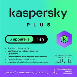 Kaspersky Plus Internet Security 2026 | 3 appareils | 1 an | VPN illimité + Gestionnaire de mots de passe